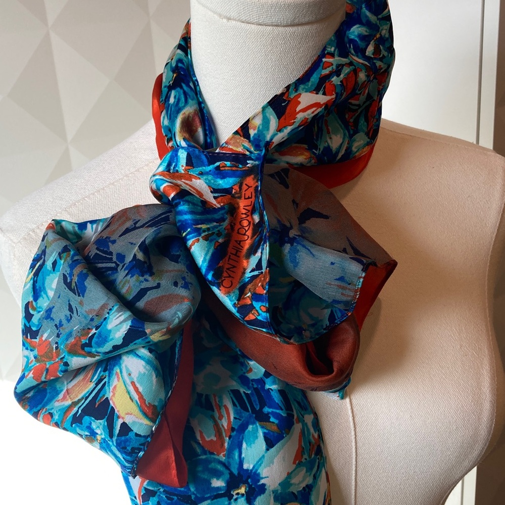 Cynthia Rowley 100% silk turquoise and orange floral multicolor scarf 14x66 long